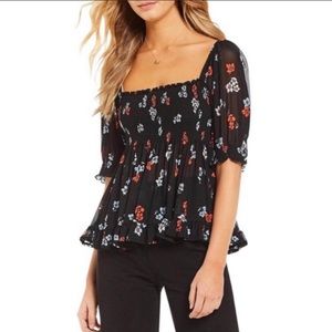 Free People Delta Dawn Floral Print Smocked Mesh Top